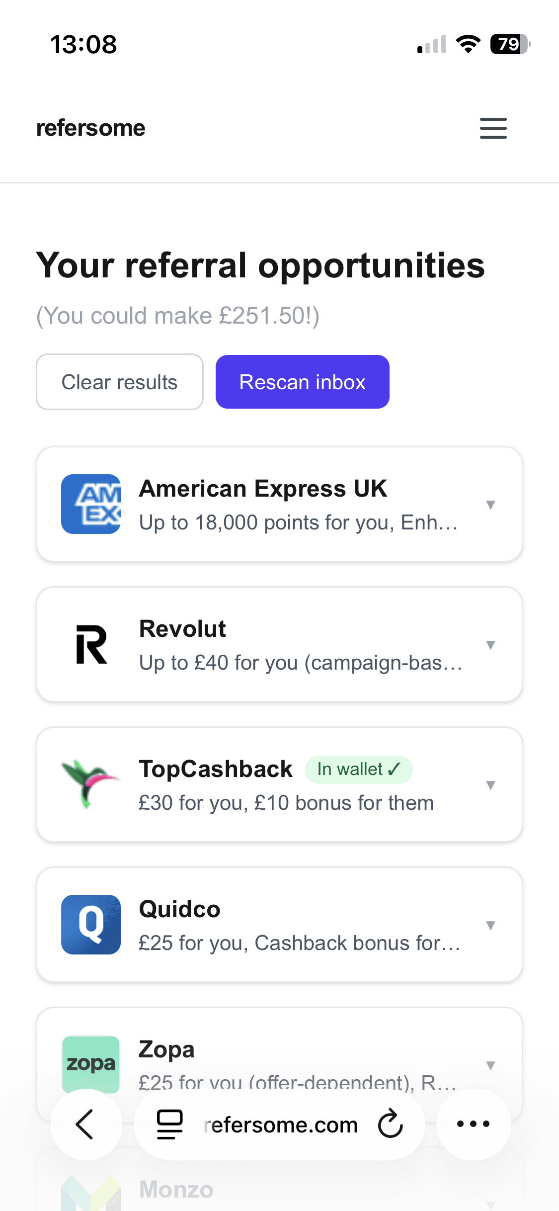 The refersome dashboard on a phone, showing referral opportunities worth £251.50 from American Express, Revolut, TopCashback, Quidco and Zopa